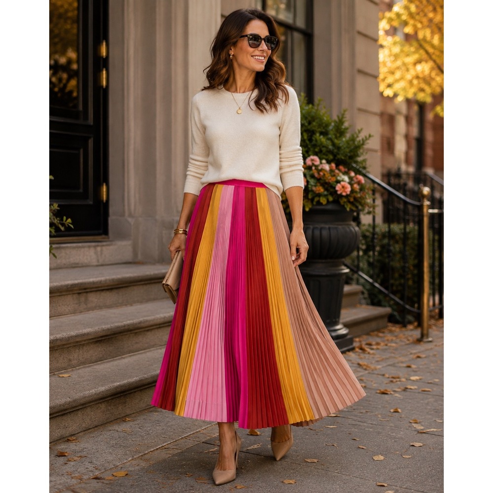 J.Crew Colorblock Pleated Midi Skirt Pink Gold Rust Striped Party Size 2